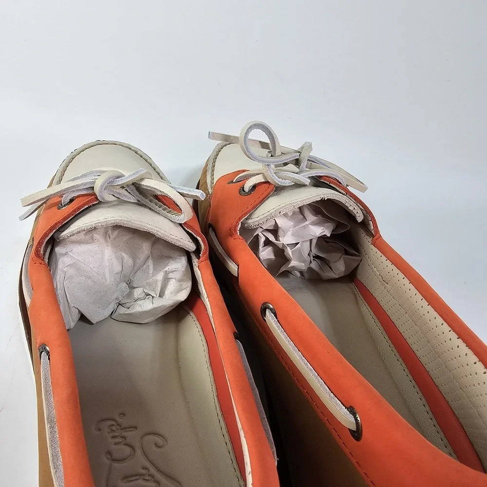 Sperry Gold Cup Tri-Tone Leather 2-Eye Boat Shoes Mens 14 White Orange Tan NWOT